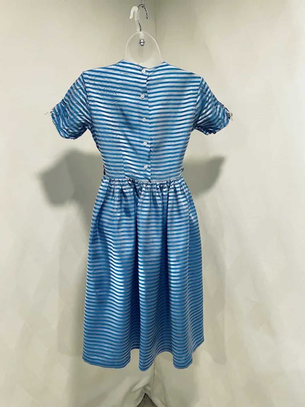 Vintage 1950s Blue and Silver Striped Dress - image 6