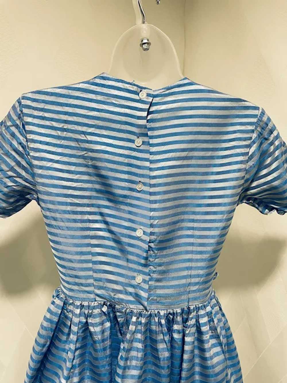 Vintage 1950s Blue and Silver Striped Dress - image 7