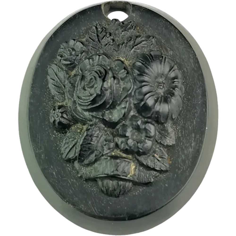 Antique Victorian bog oak floral pendant - image 1