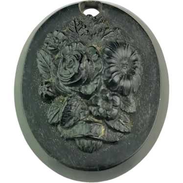 Antique Victorian bog oak floral pendant - image 1