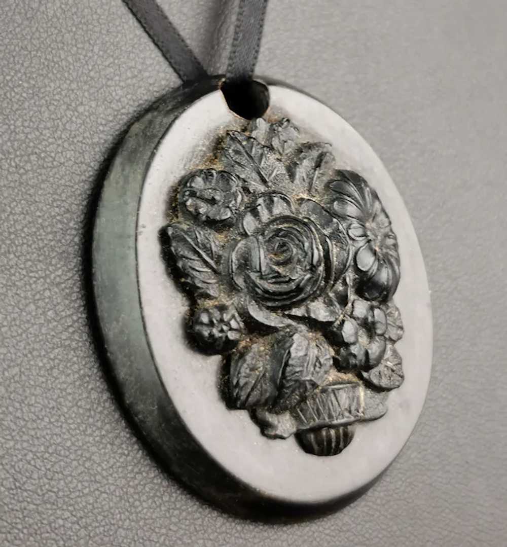 Antique Victorian bog oak floral pendant - image 2