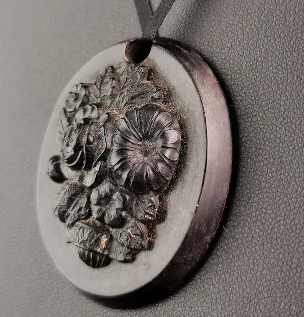 Antique Victorian bog oak floral pendant - image 4