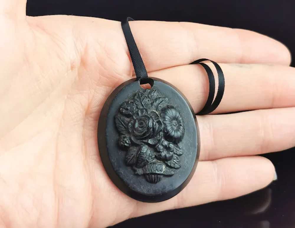 Antique Victorian bog oak floral pendant - image 7