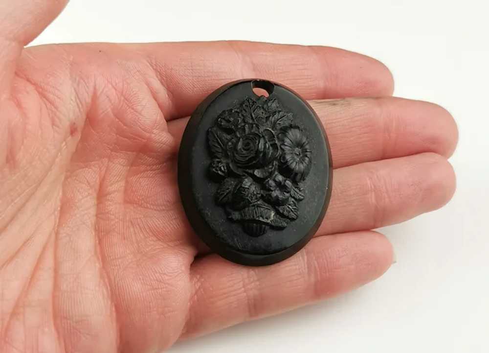 Antique Victorian bog oak floral pendant - image 8