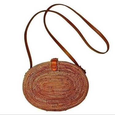 John Romain Purse vintage woven rattan fishing creel shaped Rattan With  Leather