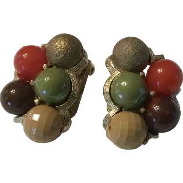 Vintage Multi-color Bead Clip Earrings in Fall Hu… - image 1