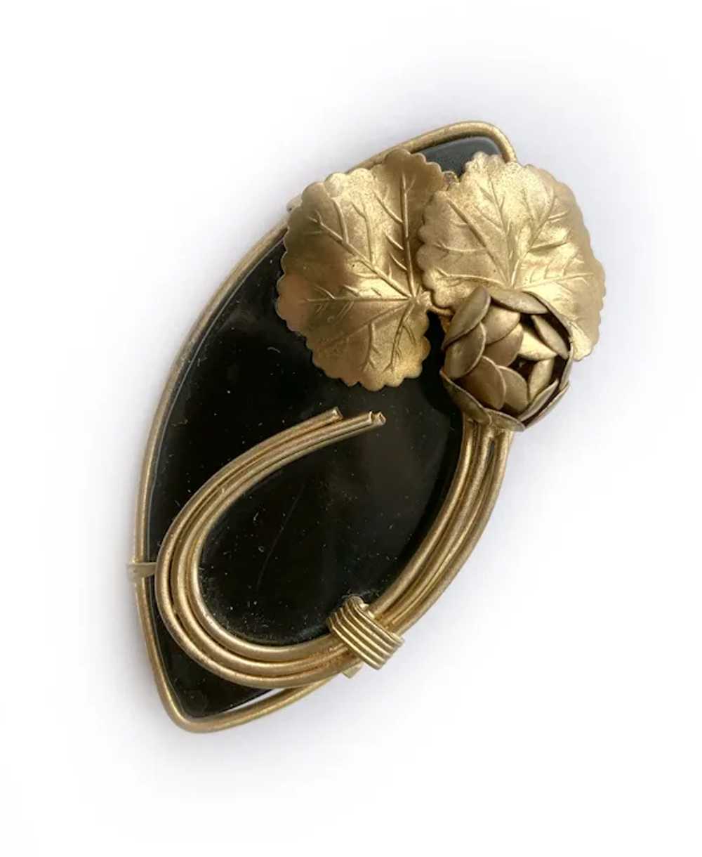 Black Bakelite & Golden Flower Brooch, European M… - image 2