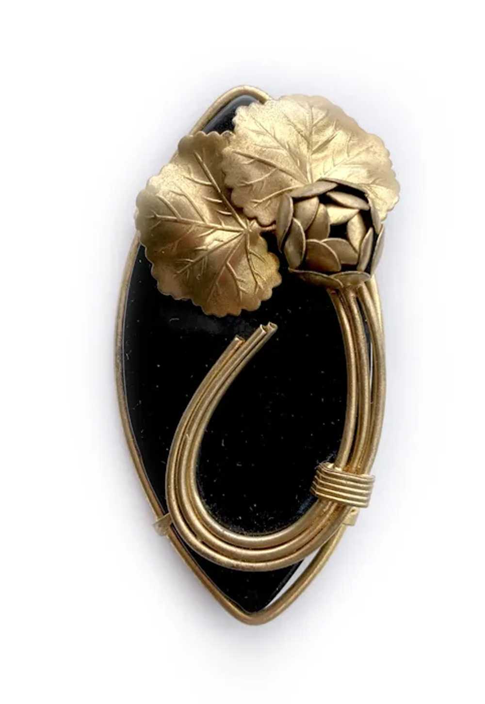 Black Bakelite & Golden Flower Brooch, European M… - image 3