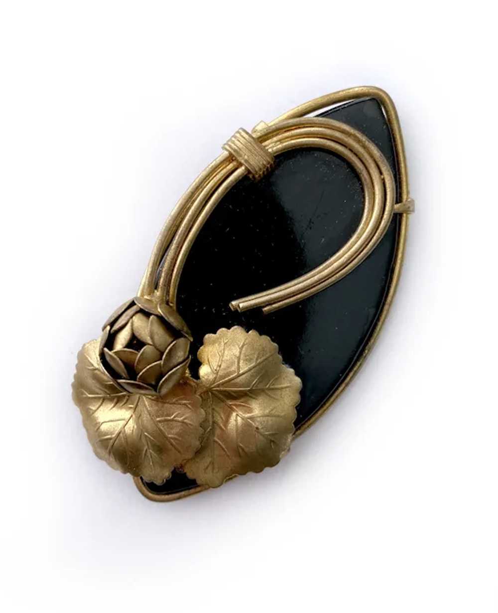 Black Bakelite & Golden Flower Brooch, European M… - image 6