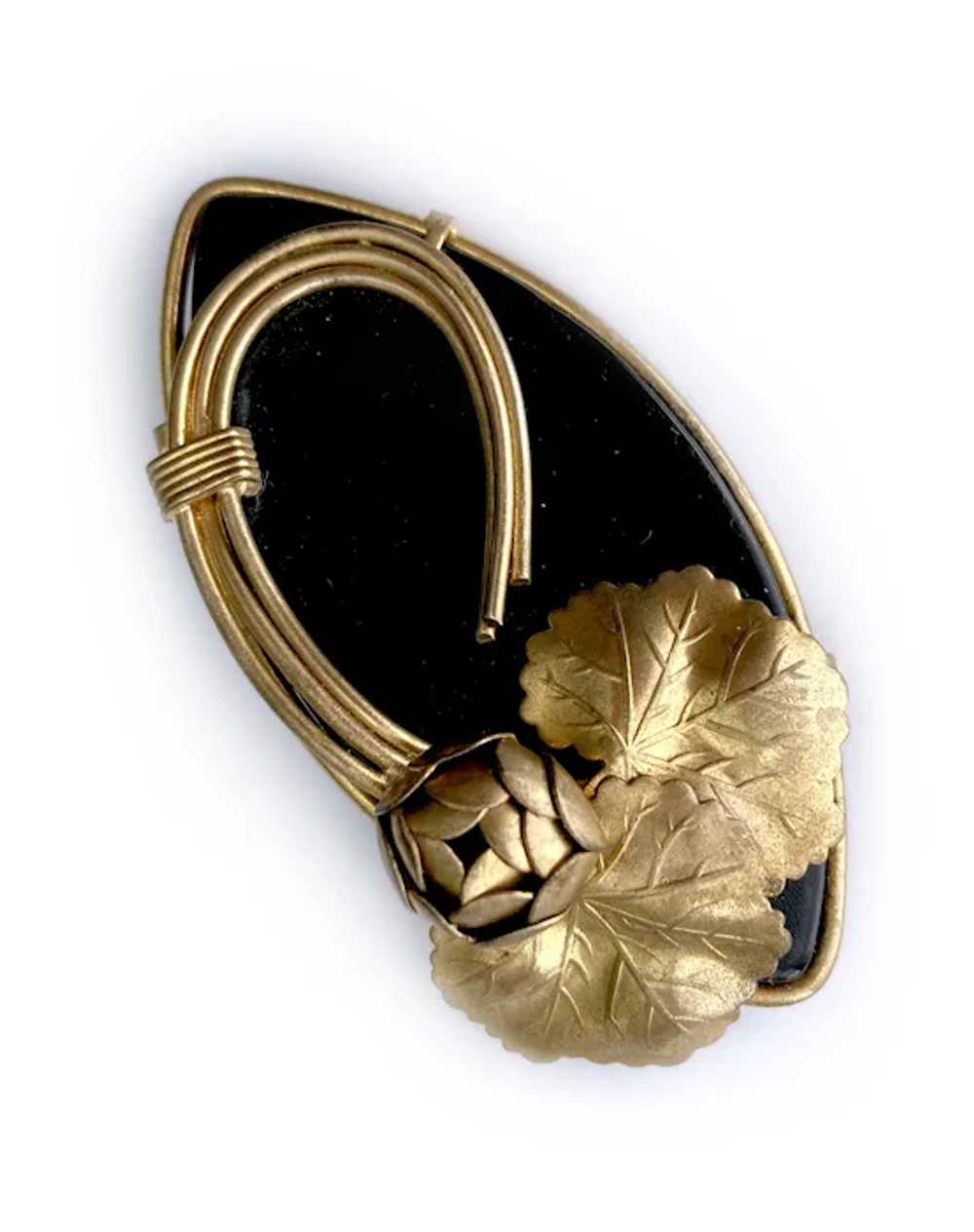 Black Bakelite & Golden Flower Brooch, European M… - image 7