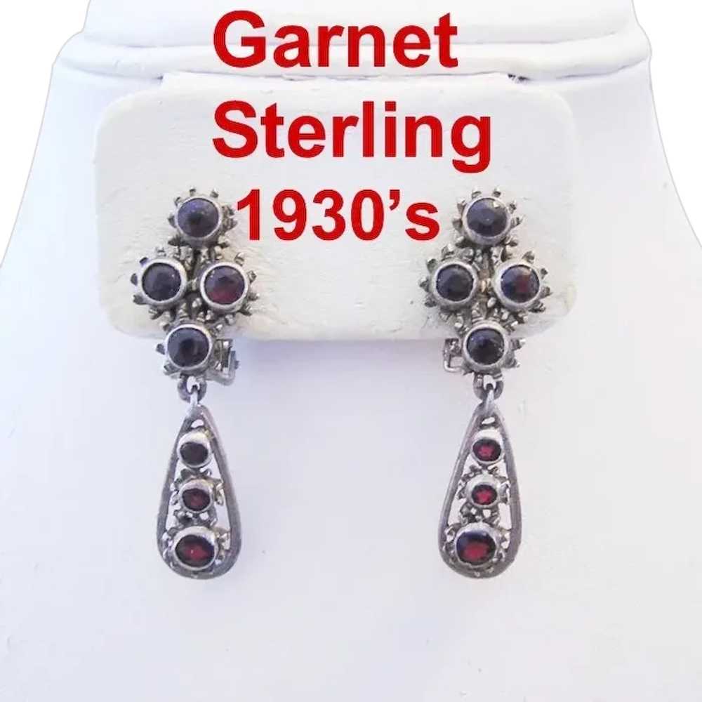 1930's GARNET & Sterling Silver Dangling DROP Ear… - image 1