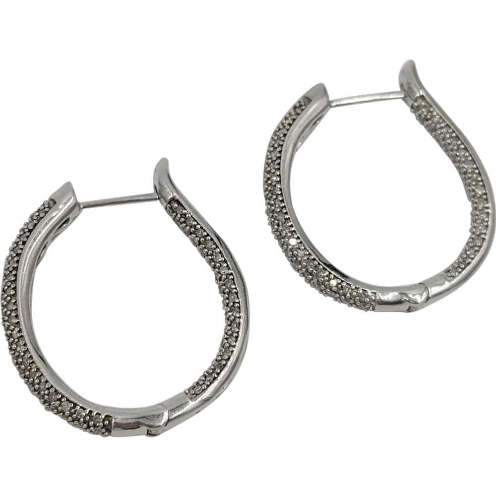 Sterling Silver Diamond Pave Hoop Earrings with D… - image 1