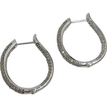 Sterling Silver Diamond Pave Hoop Earrings with D… - image 1