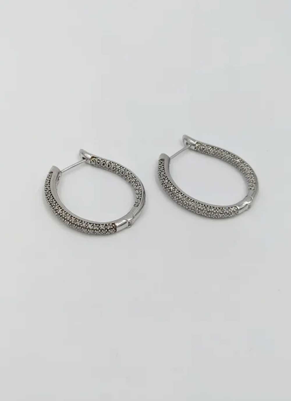Sterling Silver Diamond Pave Hoop Earrings with D… - image 2
