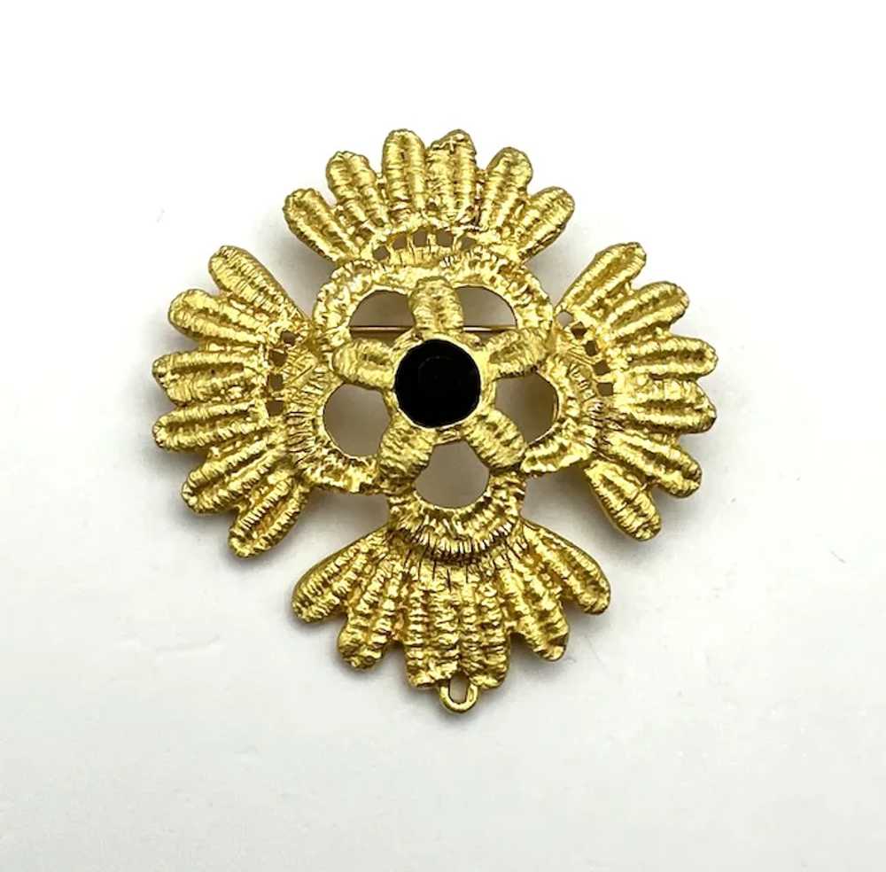 Etched Goldtone Flower Brooch with Pretty Black C… - image 2
