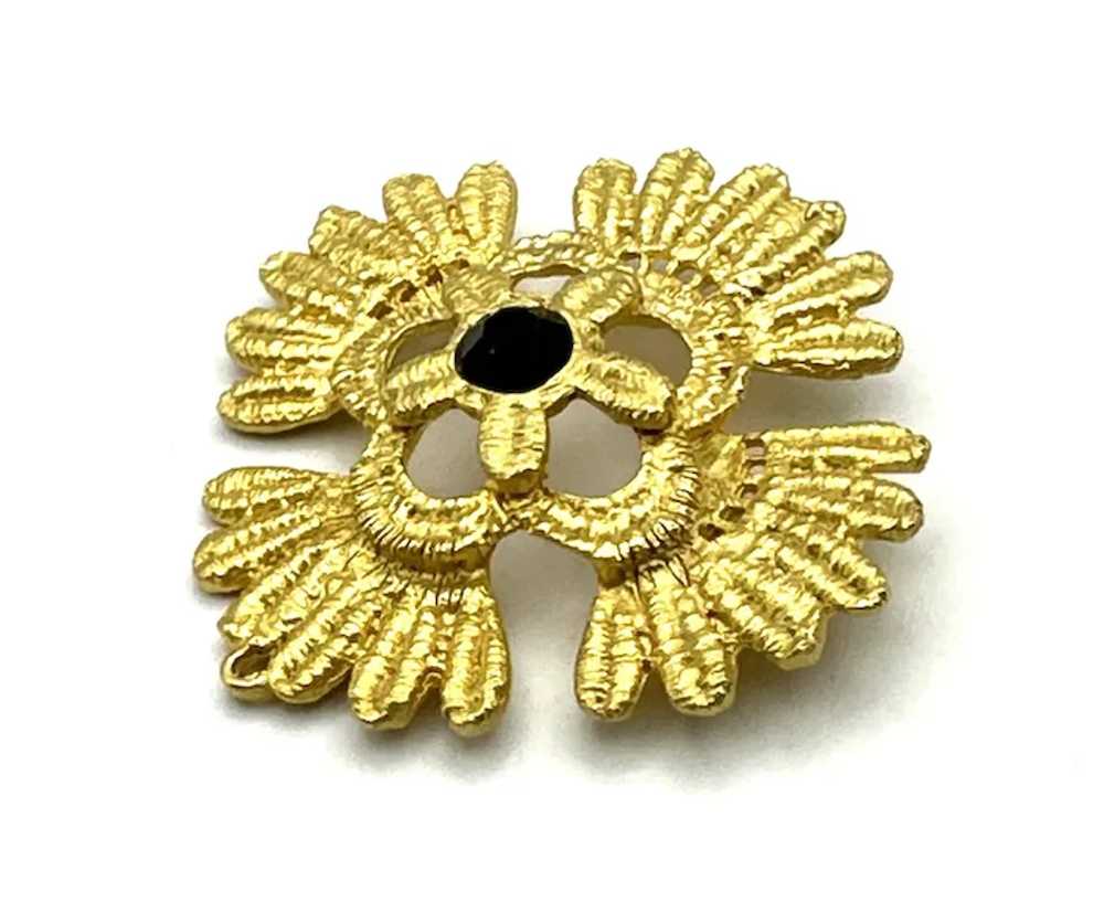 Etched Goldtone Flower Brooch with Pretty Black C… - image 5