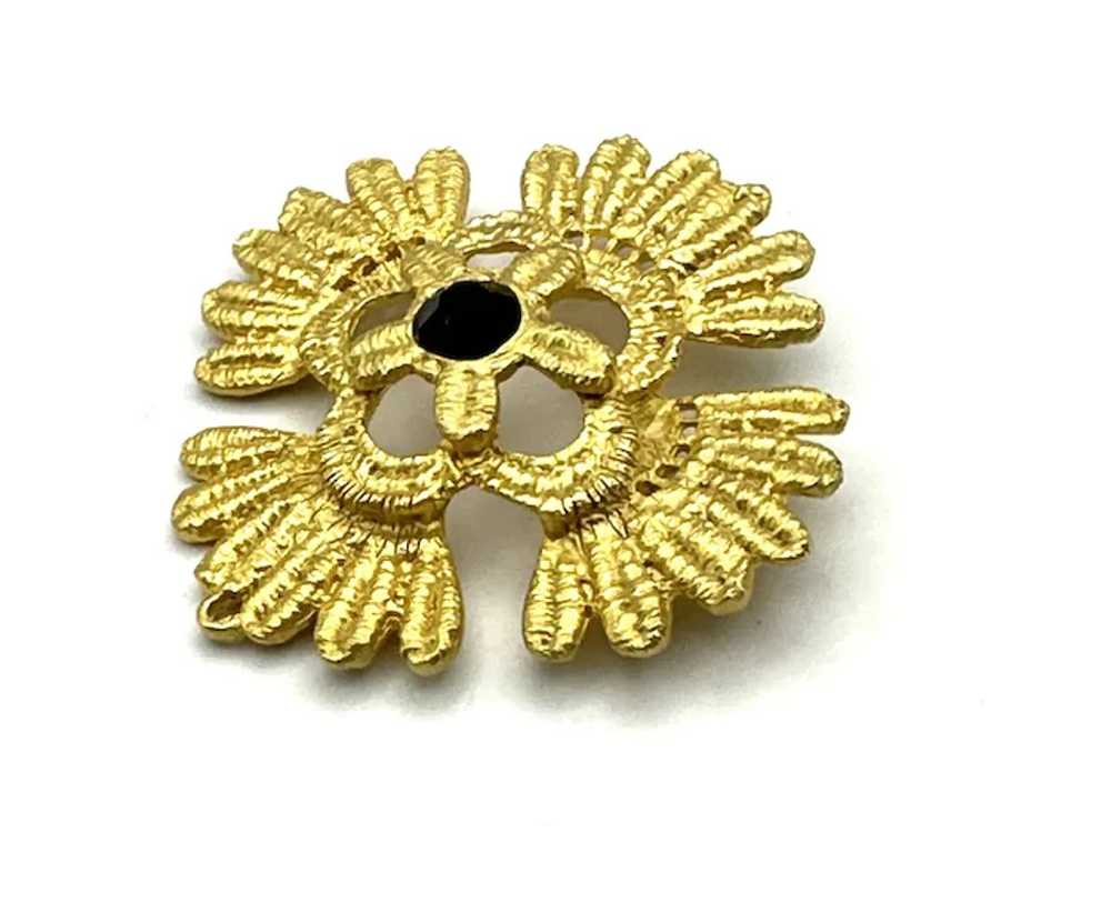 Etched Goldtone Flower Brooch with Pretty Black C… - image 6