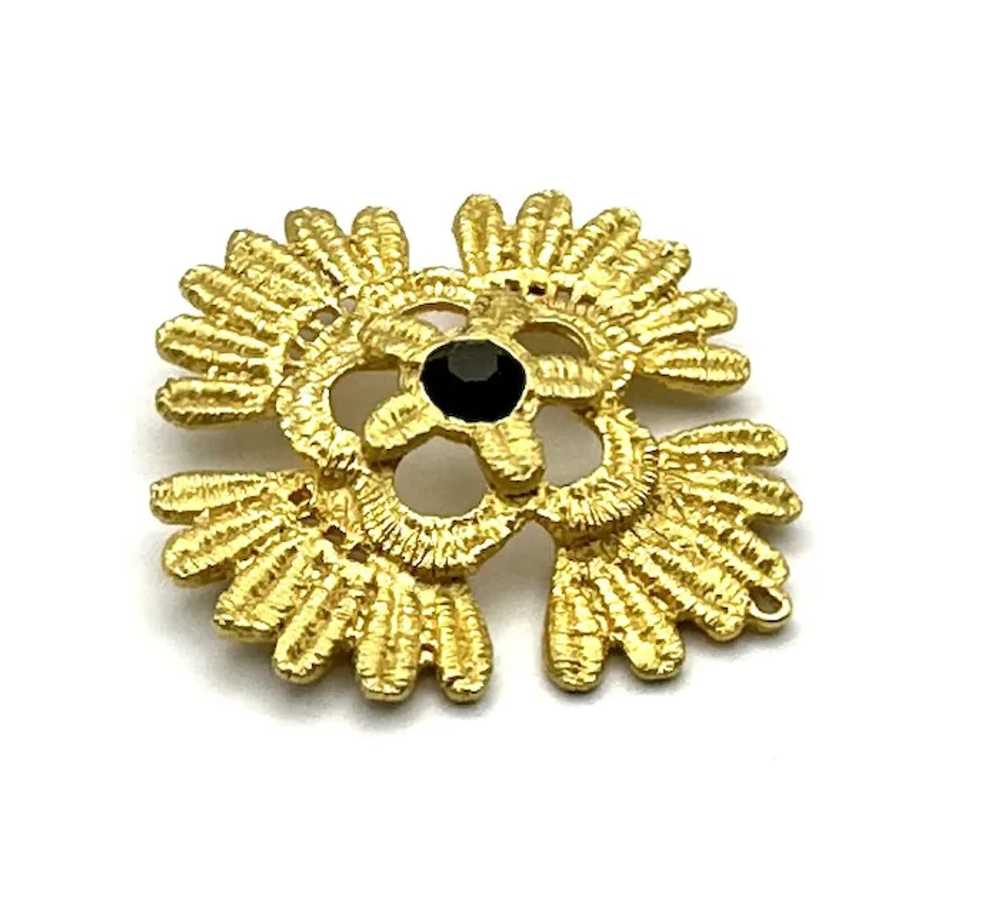 Etched Goldtone Flower Brooch with Pretty Black C… - image 7