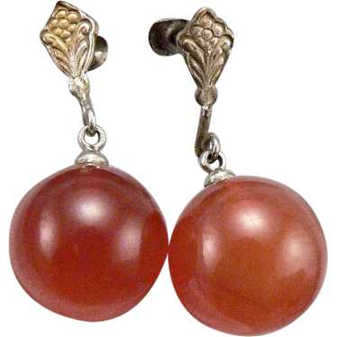 Vintage 14mm Carnelian Ball Pierced Dangle EARRING