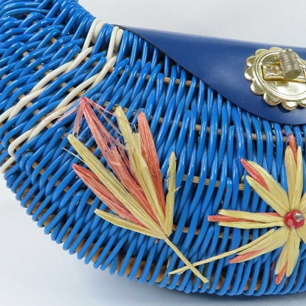 Vintage Blue Plastic Wicker Flower Straw Embroide… - image 2