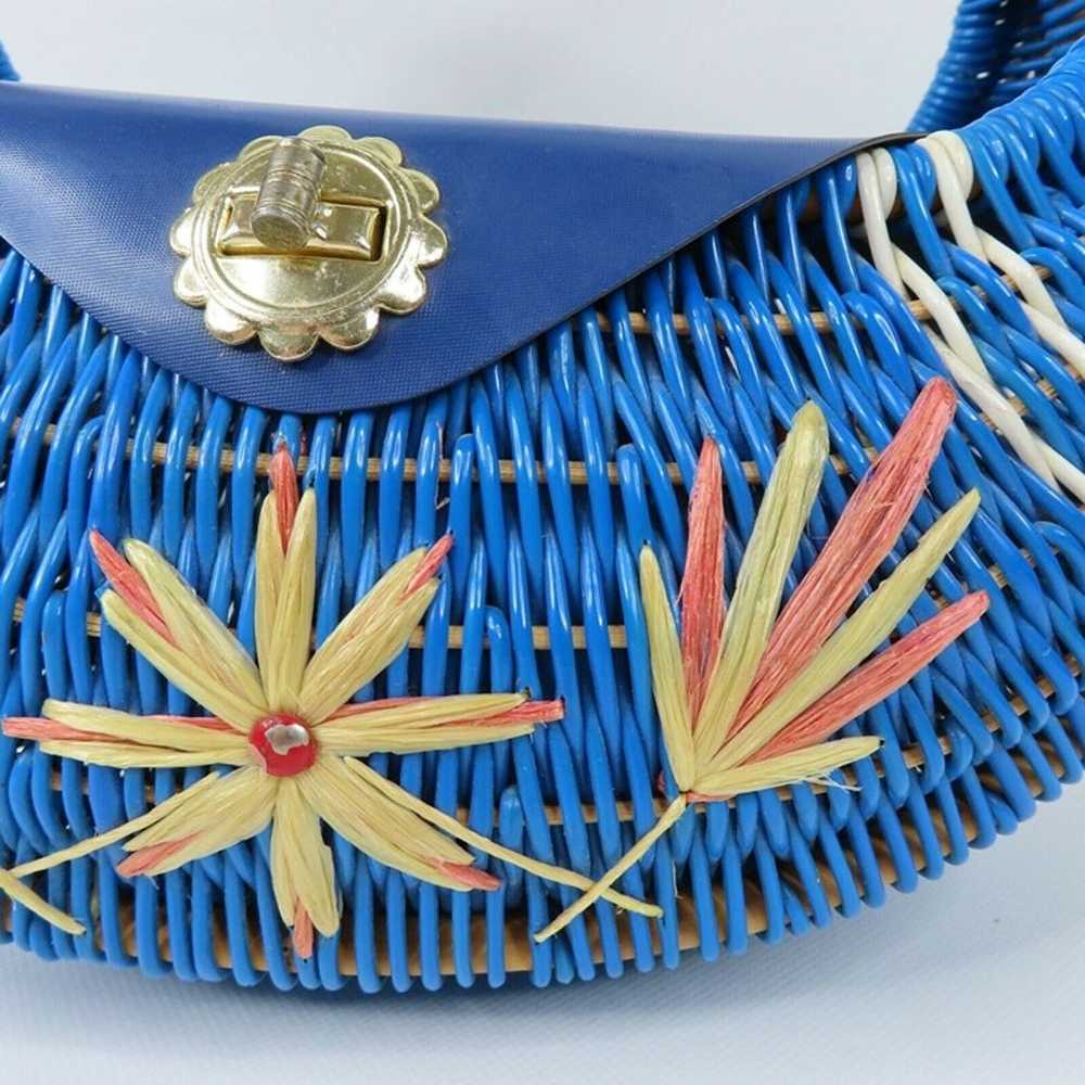 Vintage Blue Plastic Wicker Flower Straw Embroide… - image 3