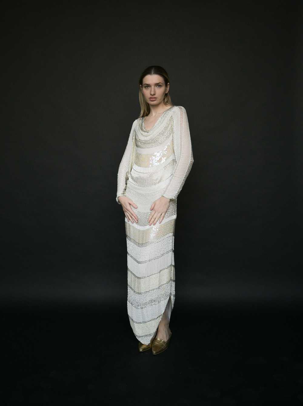 white silk beaded sequin column dress - image 1