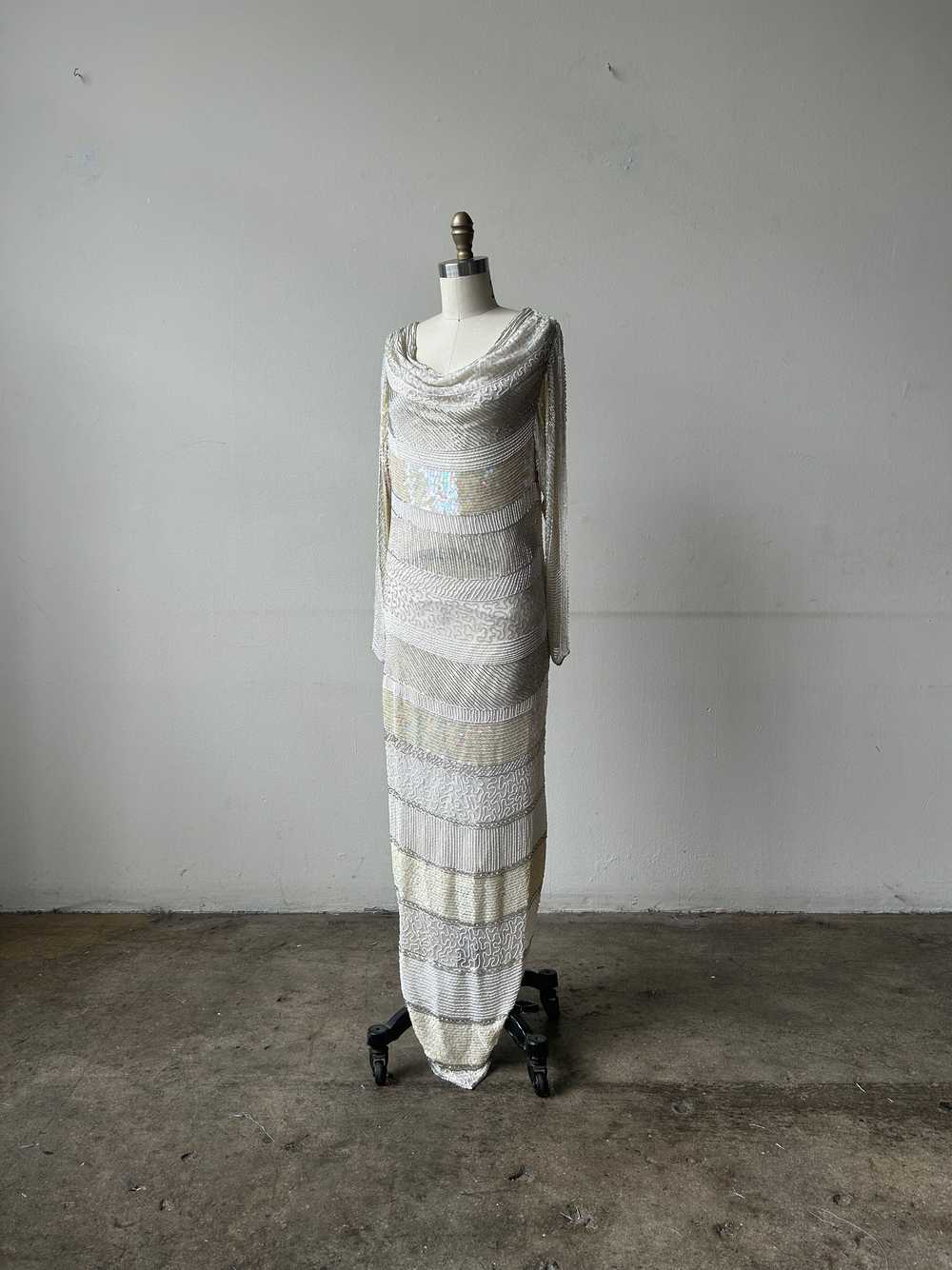 white silk beaded sequin column dress - image 3