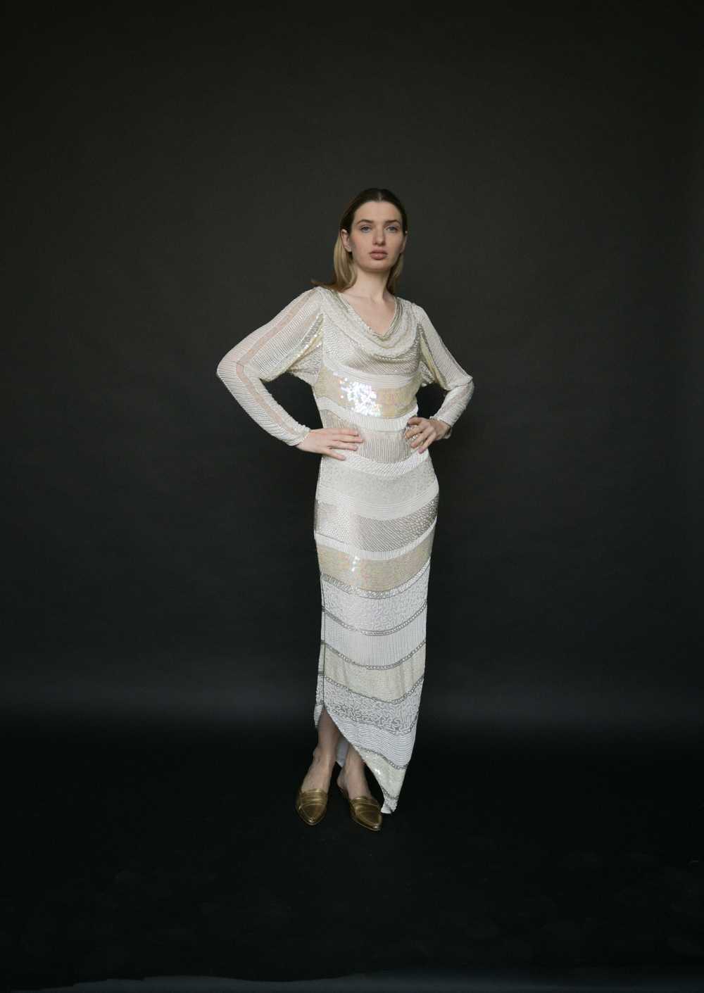 white silk beaded sequin column dress - image 4