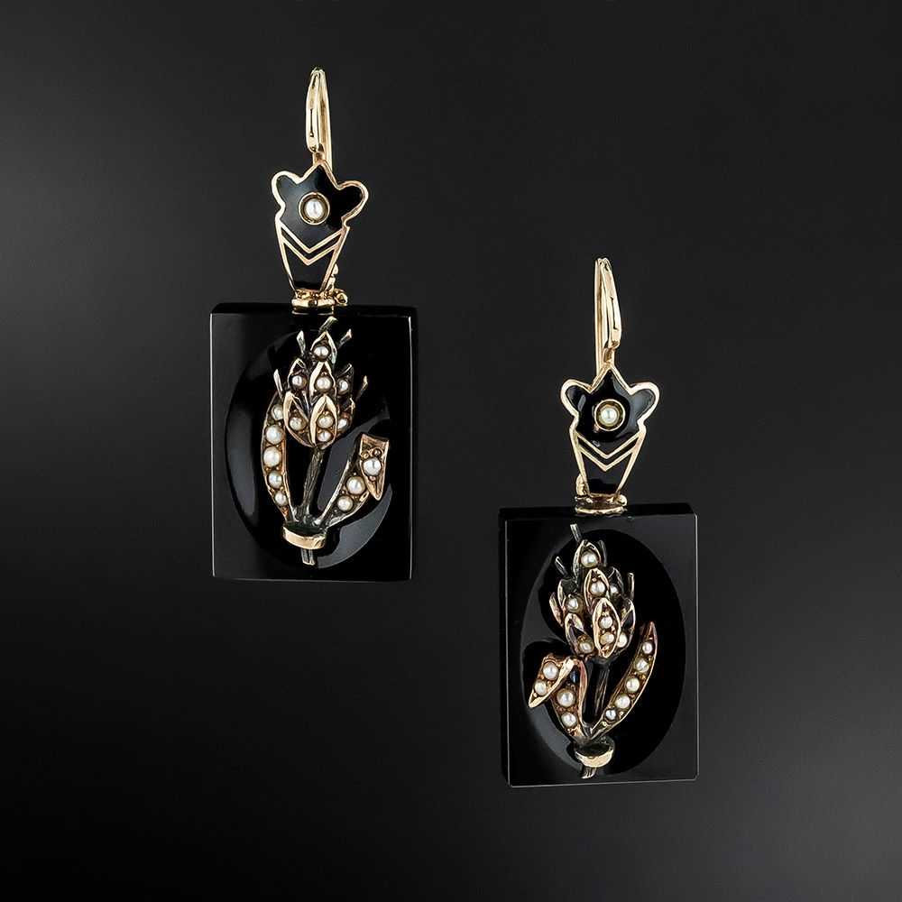 Victorian Black Onyx, Pearl and Enamel Earrings - image 1