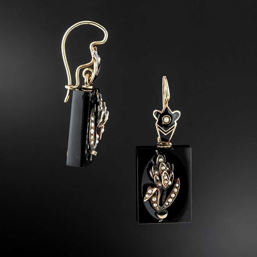 Victorian Black Onyx, Pearl and Enamel Earrings - image 2