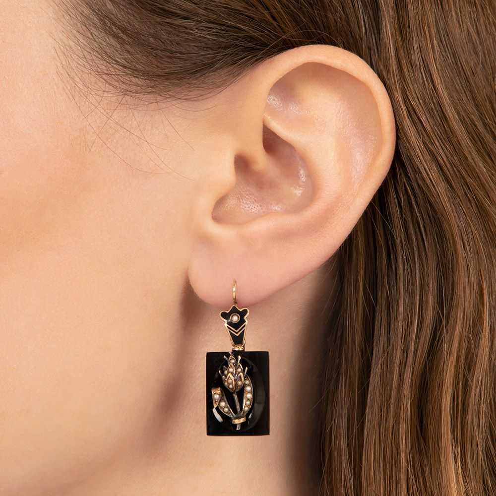 Victorian Black Onyx, Pearl and Enamel Earrings - image 3