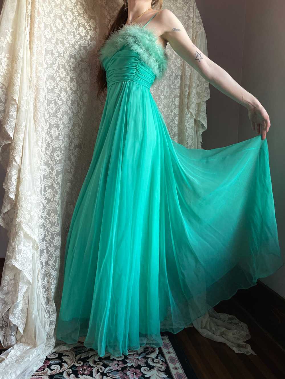 1960s Marabou Feather Green Chiffon Gown Dress - image 10