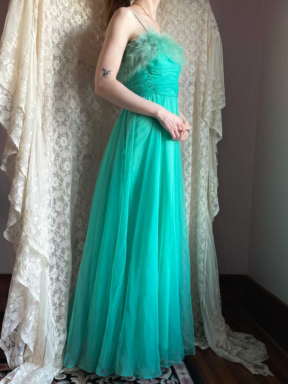 1960s Marabou Feather Green Chiffon Gown Dress - image 11