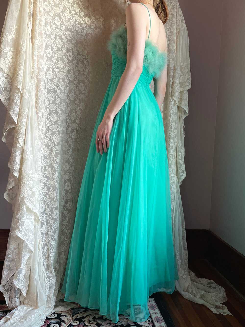 1960s Marabou Feather Green Chiffon Gown Dress - image 12