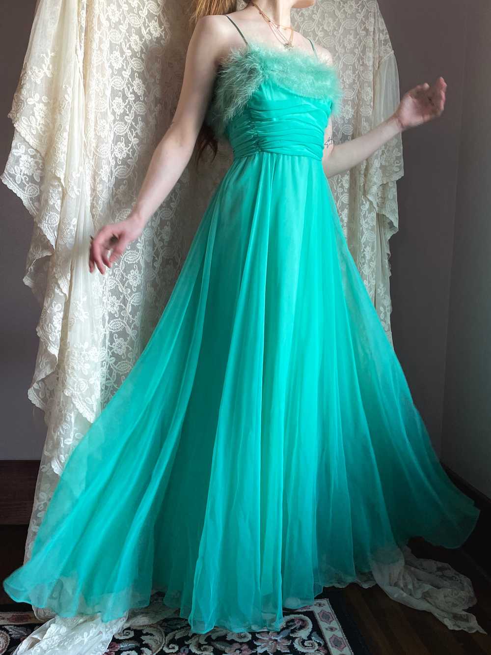 1960s Marabou Feather Green Chiffon Gown Dress - image 1