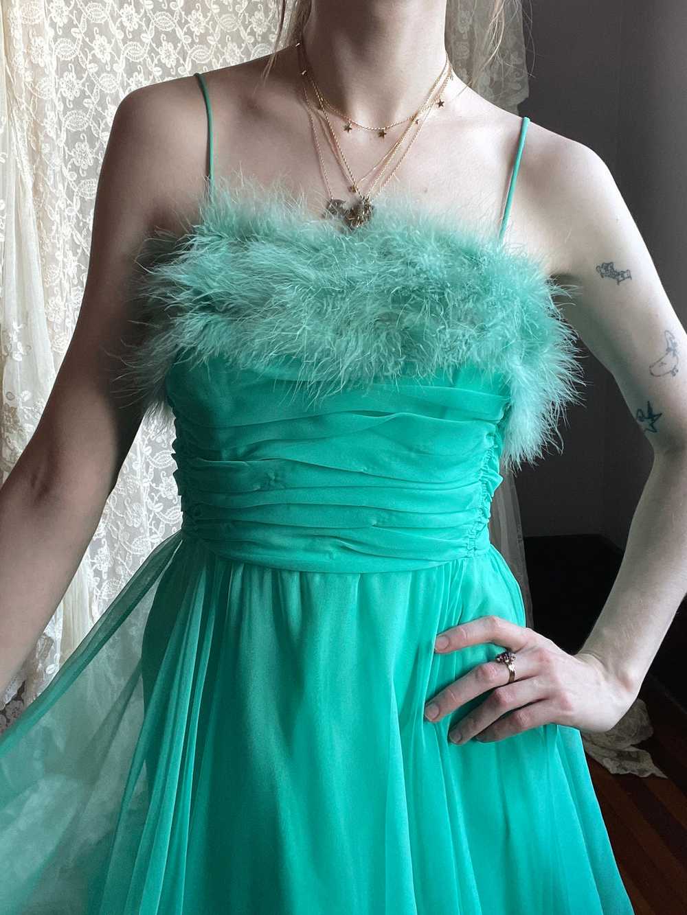 1960s Marabou Feather Green Chiffon Gown Dress - image 2