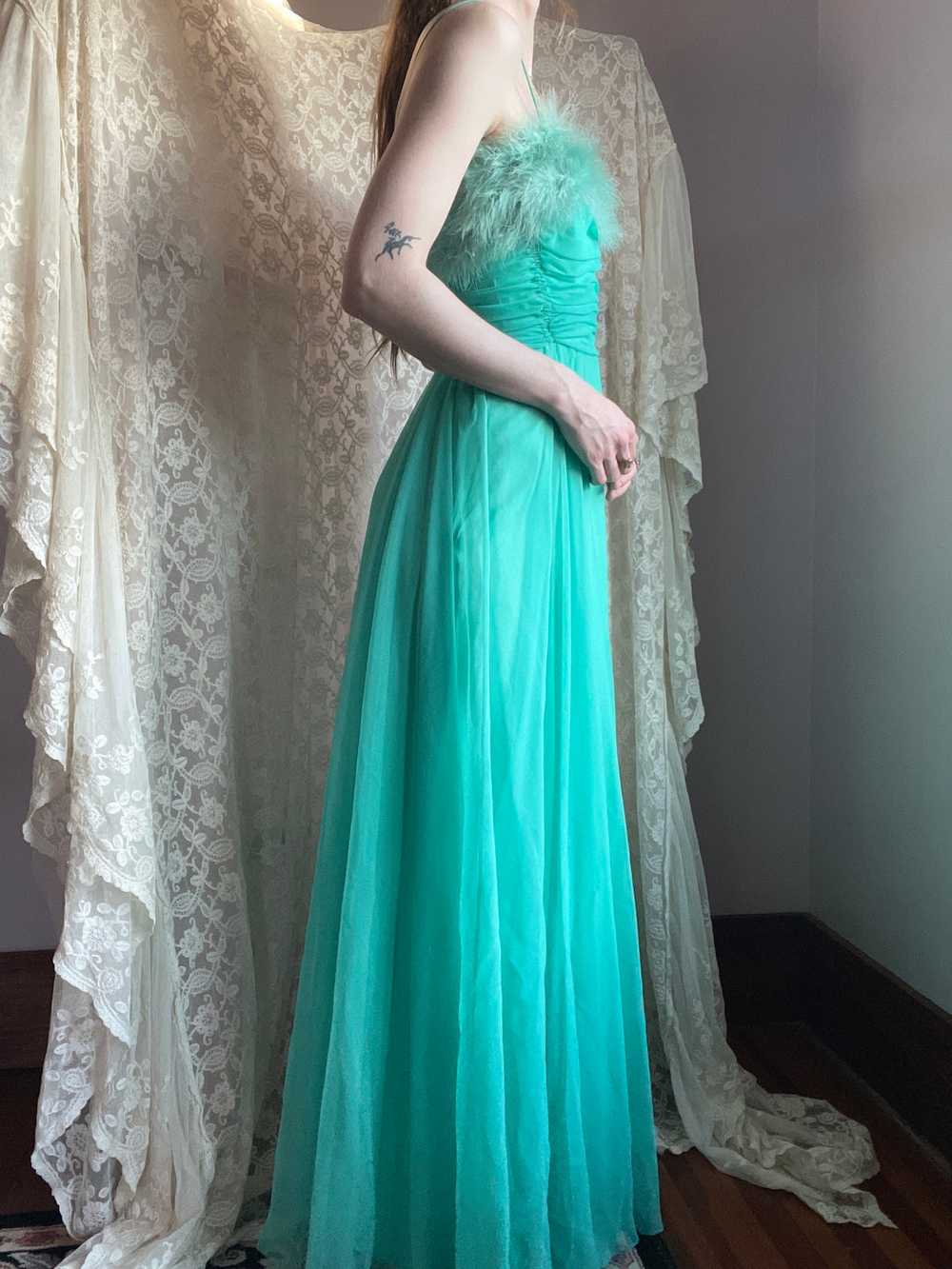1960s Marabou Feather Green Chiffon Gown Dress - image 3