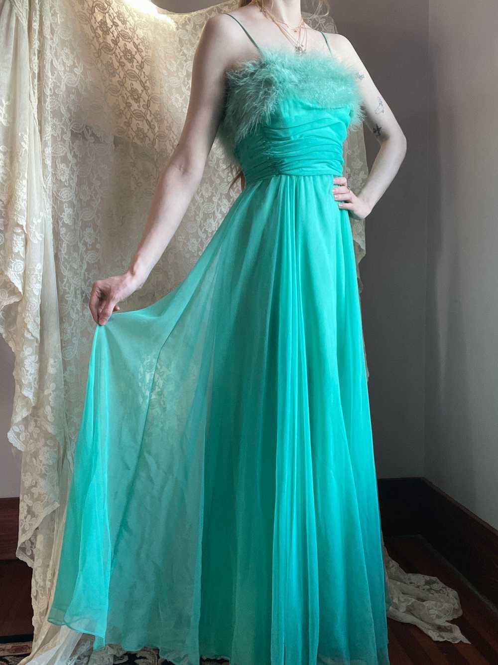 1960s Marabou Feather Green Chiffon Gown Dress - image 4