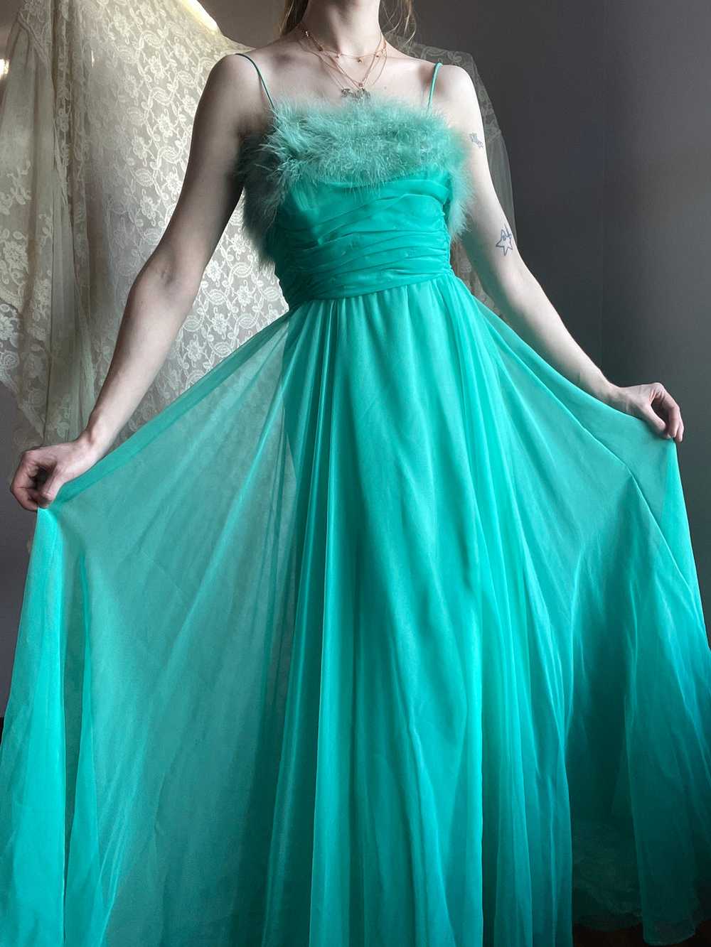 1960s Marabou Feather Green Chiffon Gown Dress - image 5