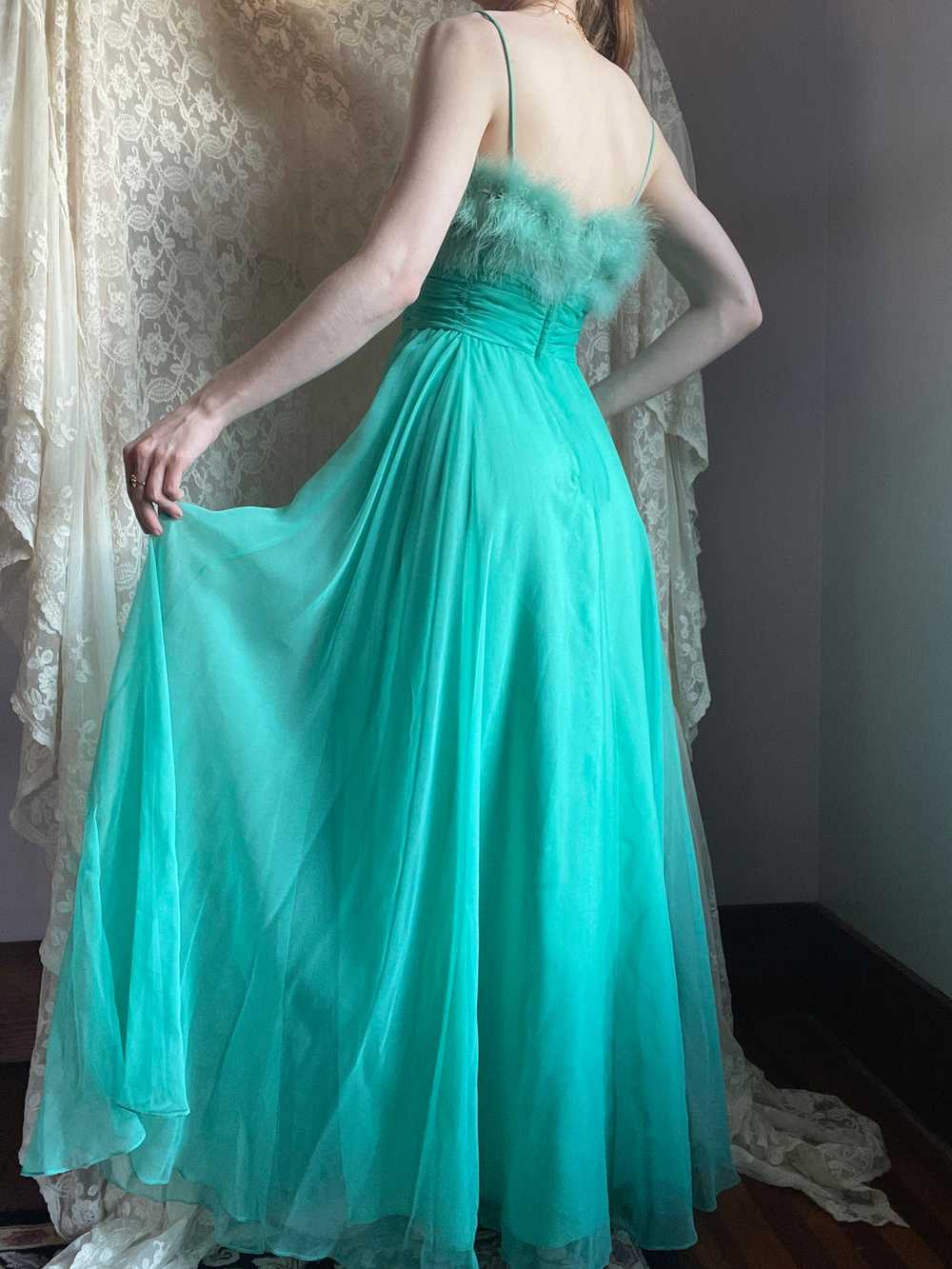 1960s Marabou Feather Green Chiffon Gown Dress - image 6