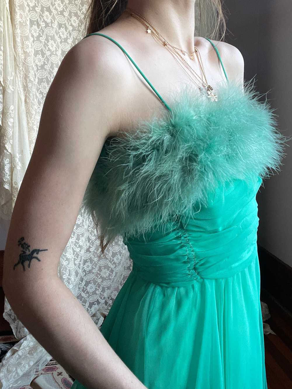 1960s Marabou Feather Green Chiffon Gown Dress - image 7