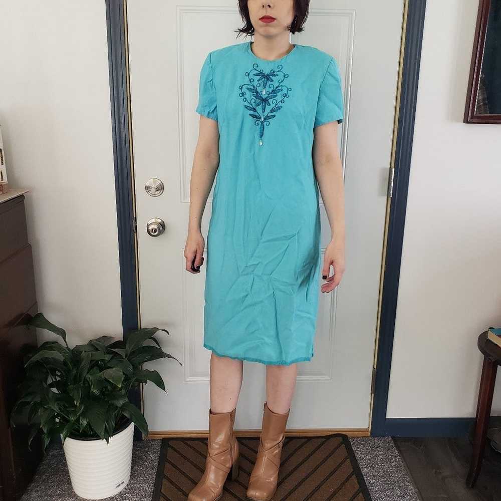 60s/70s Mod Blue Beaded Dress - image 1