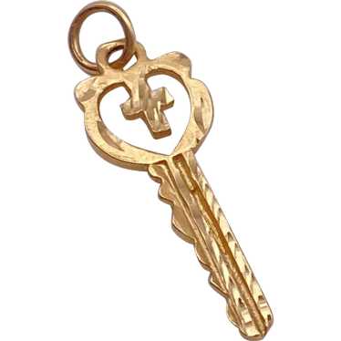 Cross Detail Vintage KEY Charm 14K Gold Three Dim… - image 1