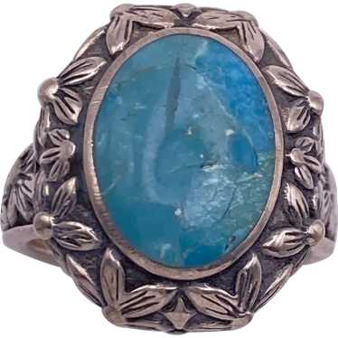 Floral Detail Turquoise Vintage Ring Sterling Sil… - image 1