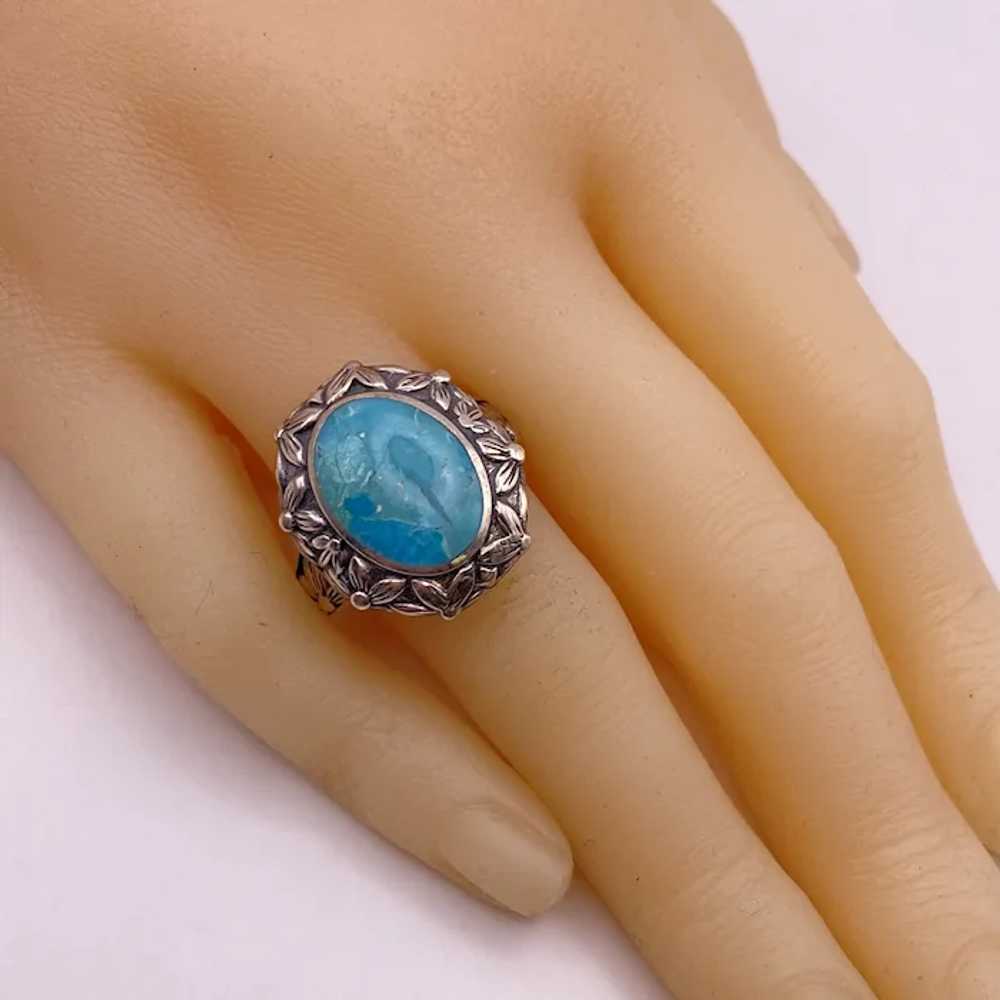 Floral Detail Turquoise Vintage Ring Sterling Sil… - image 2