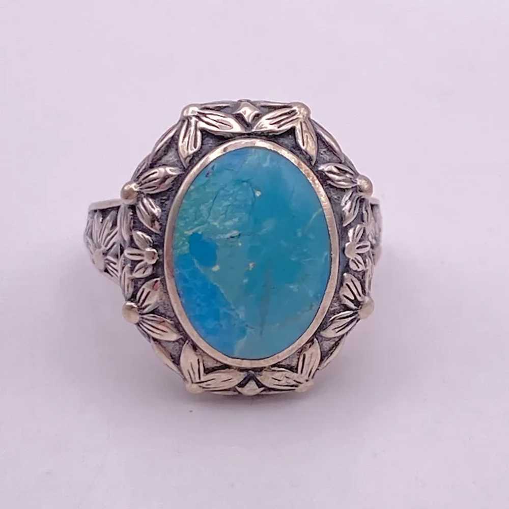 Floral Detail Turquoise Vintage Ring Sterling Sil… - image 3