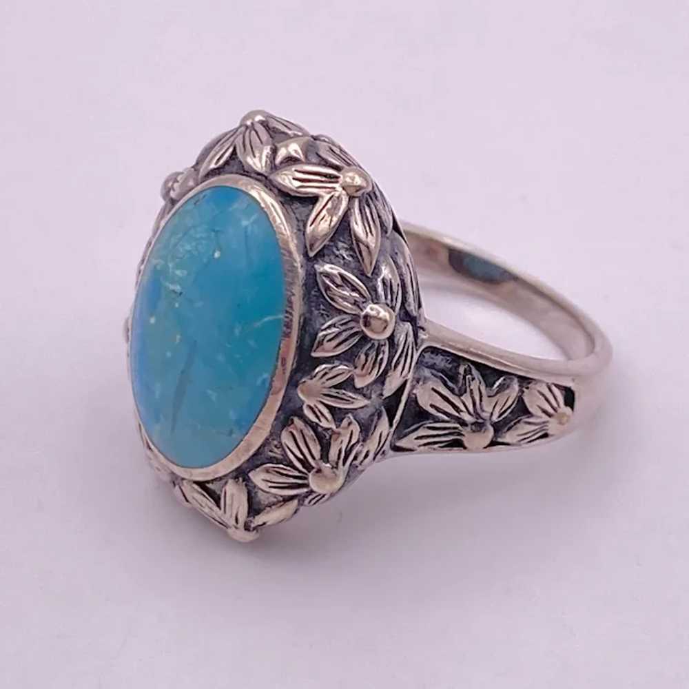 Floral Detail Turquoise Vintage Ring Sterling Sil… - image 4