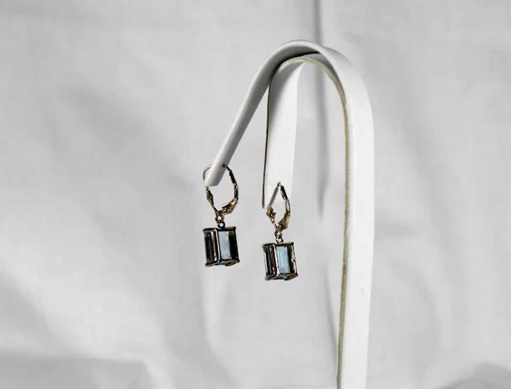 Emeral Cut Blue Topaz Dangle Earrings, 10 Kt YG - image 2