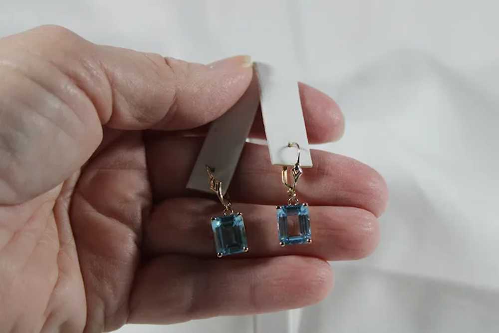 Emeral Cut Blue Topaz Dangle Earrings, 10 Kt YG - image 4