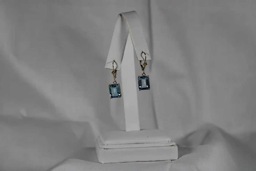 Emeral Cut Blue Topaz Dangle Earrings, 10 Kt YG - image 5
